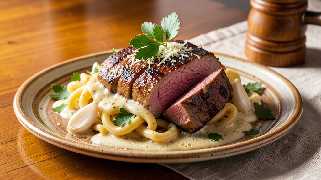 Beef and Rotini in Garlic Parmesan Sauce Recipe: Cheesy Al Dente Pasta in 25 Minutes