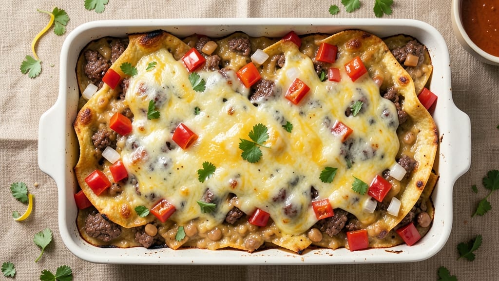 Beef and Bean Burrito Casserole Recipe: Crispy Tortilla Top and Melty Cheese Layers