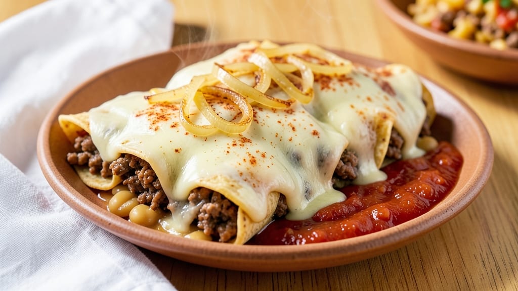 Beef and Refried Bean Enchiladas Recipe: Crispy Tortillas With Gooey Cheese Rivers
