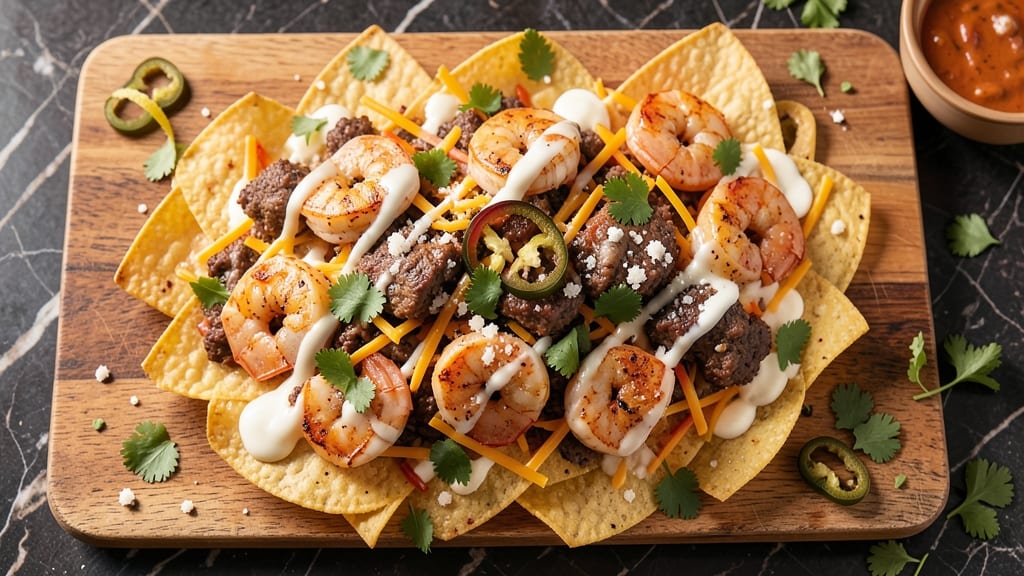 Beef and Shrimp Nachos Recipe: Crispy Tortilla Stacks with Melted Cheese Rivers
