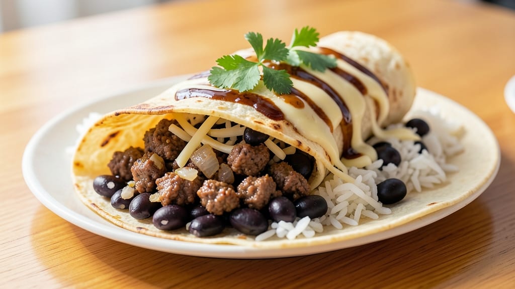 Beef and Black Bean Burritos Recipe: Spiced Rice and Melty Cheese Stuffed Wraps