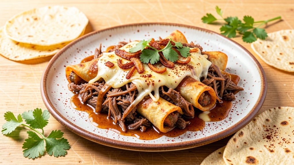 Beef Barbacoa Enchiladas Recipe: Smoky Tortilla Wraps With Melted Cheese Rivers