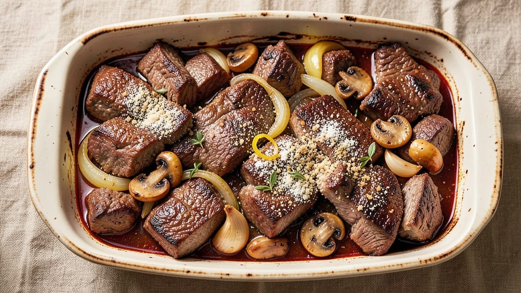 Beef and Mushroom Casserole Recipe: Savory Herb Crust With Melted Cheese Rivers