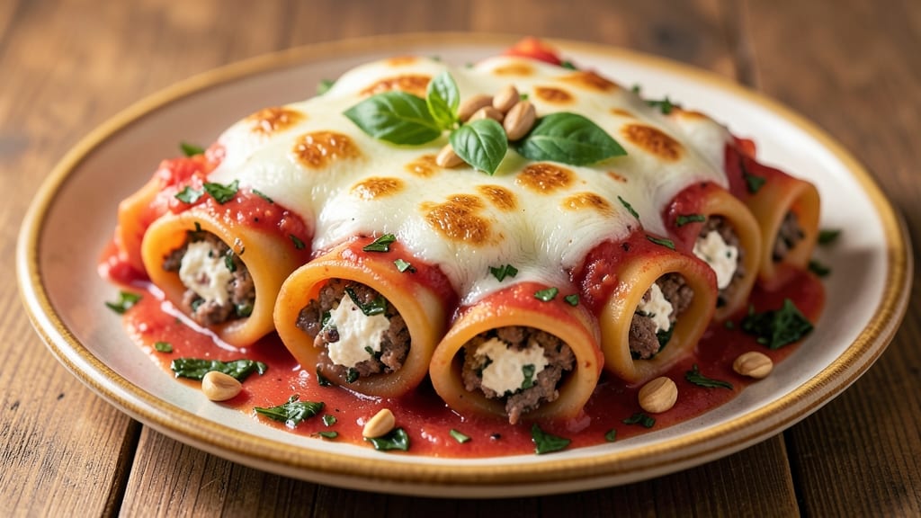 Beef and Spinach Manicotti Recipe: Baked Pasta Layers with Creamy Ricotta Filling