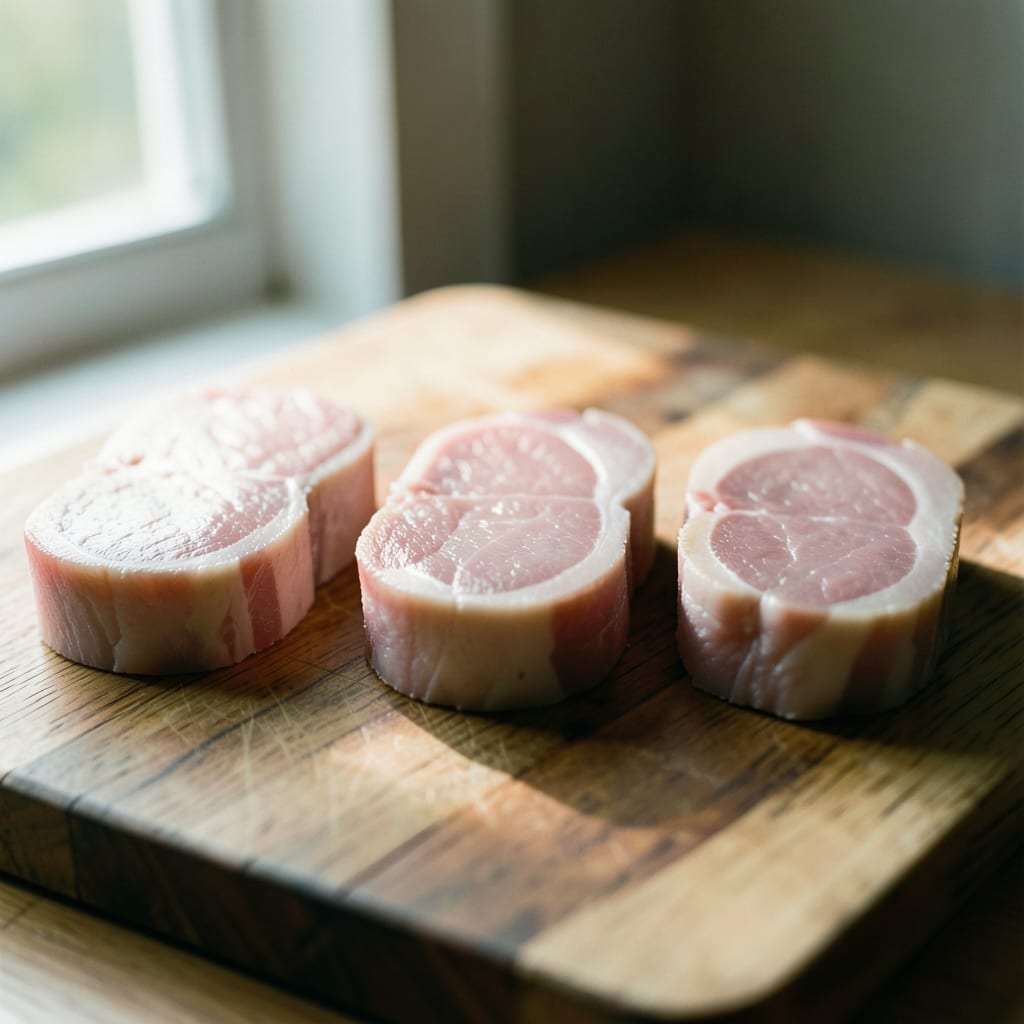 Three chops of different thickness, ready to be tested