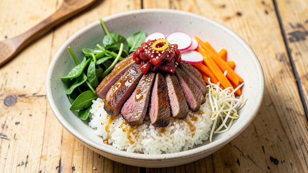 Beef Bibimbap Bowl Recipe: Crispy Fried Egg Topped with Fresh Veggie Medley