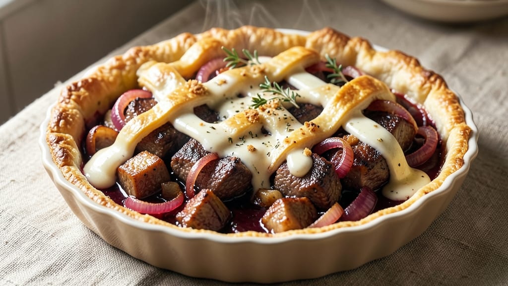 Beef and Onion Pie Recipe: Flaky Crust Envelops Savory Meat and Caramelized Layers