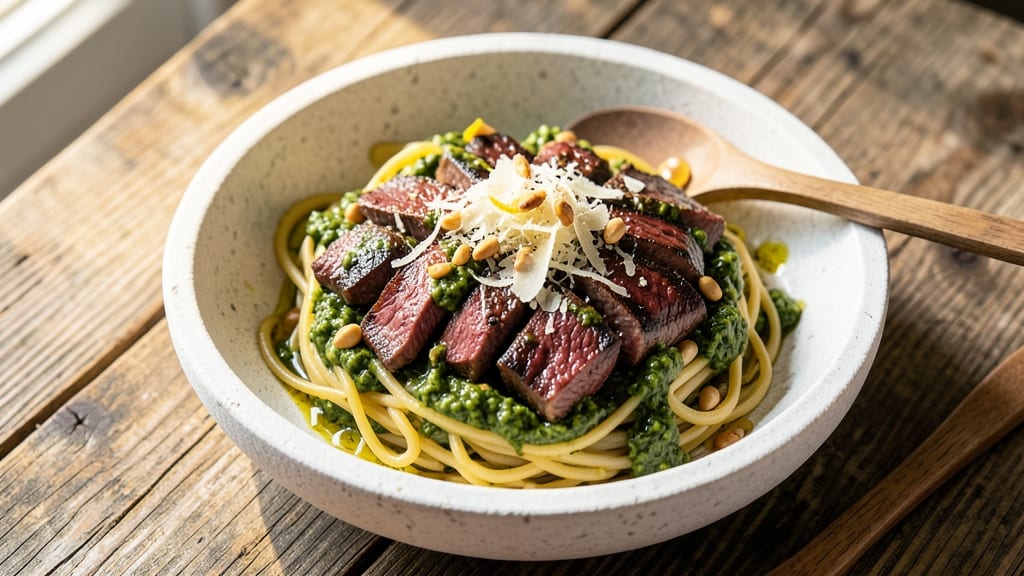Beef Basil Pesto Pasta Recipe: Herb-Infused Richness with Crispy-Topped Cheese