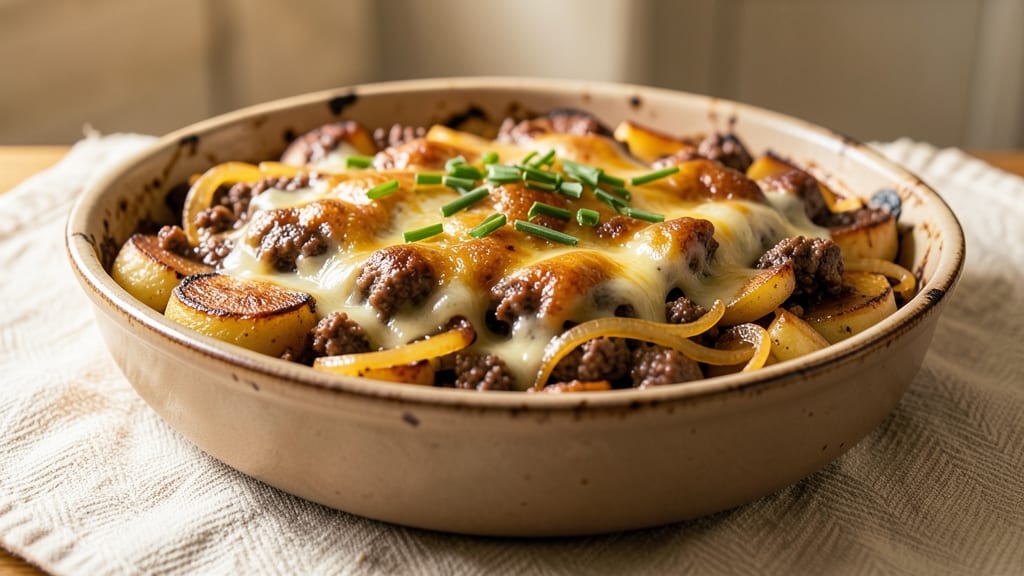 Beef and Tater Bake Recipe: Cheesy Potato Crust With Juicy Beef Layers