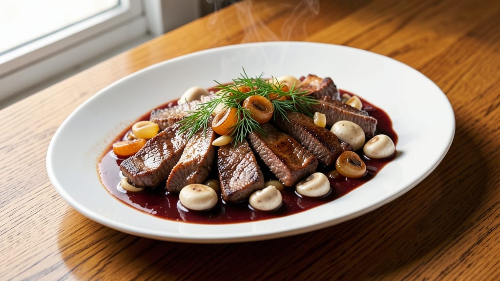 Balthazar Beef Stroganoff Recipe: Velvety Mushroom Wine Sauce Over Egg Noodles