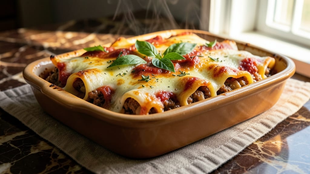 Beef and Cheese Manicotti Recipe: Baked Pasta Layers With Gooey Ricotta and Parmesan